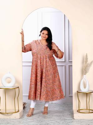 Womens plus size orange cotton floral and gota patti details party wear anarkali kurta 1