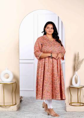 Womens plus size orange cotton floral and gota patti details party wear anarkali kurta 2