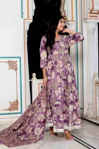 Womens purple flower printed with lace border anarkali kurta with dupatta set