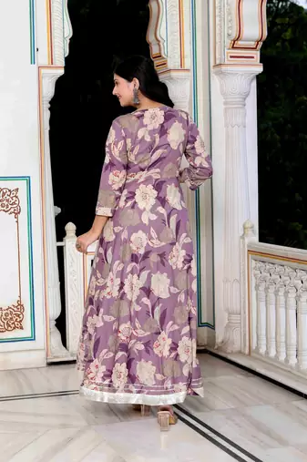 Womens purple flower printed with lace border anarkali kurta with dupatta set