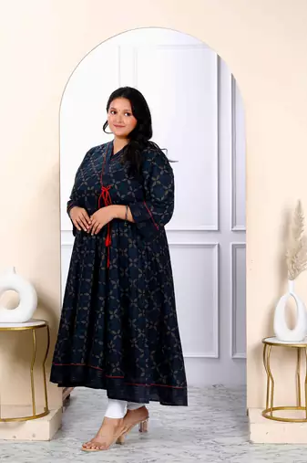 Womens plus size navy blue abstract printed angrakha style anarkali kurta  