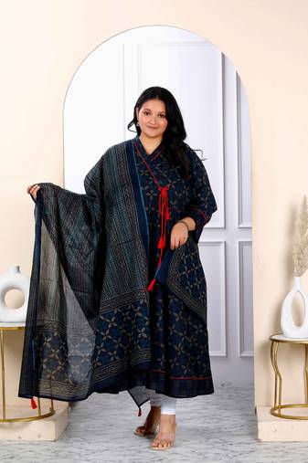 Womens navy blue plus size v neck abstract printed tassel angrakha kurta and dupatta
