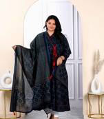 Womens navy blue plus size v neck abstract printed tassel angrakha kurta and dupatta