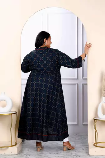 Womens plus size navy blue abstract printed angrakha style anarkali kurta  