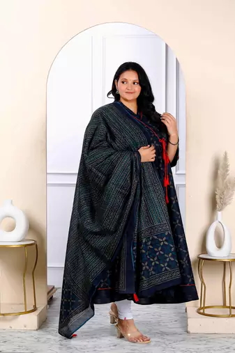 Womens navy blue plus size v neck abstract printed tassel angrakha kurta and dupatta
