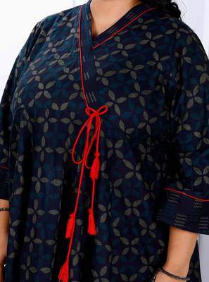 Womens navy blue plus size v neck abstract printed tassel angrakha kurta and dupatta 5