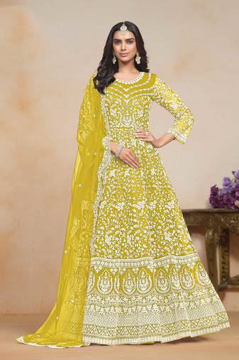 Mustard net heavy thread dori embroidery work salwar kameez