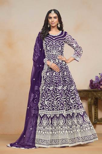 Violet net heavy thread dori embroidery work salwar kameez