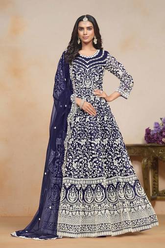 Navy blue net heavy thread dori embroidery work salwar kameez