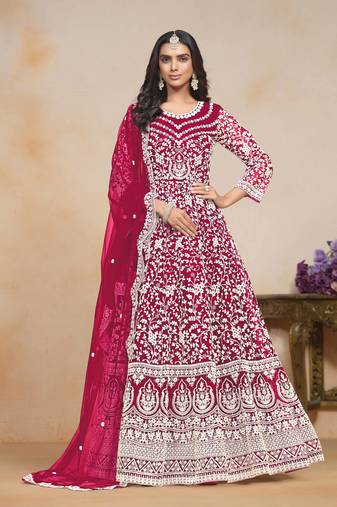 Rani pink net heavy thread dori embroidery work salwar kameez