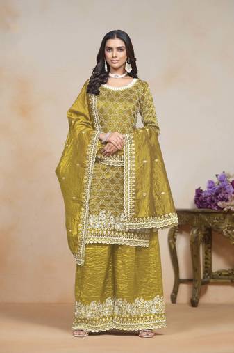 Mustard gold crush heavy thread embroidery with sequins work salwar kameez (bottom-palazzo free size stitched)