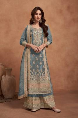 SKY BLUE PARTY DESIGNER PALZZO SALWAR SUIT WITH EMBROIDERY WORK 1