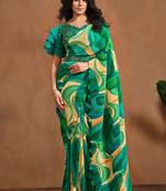 Green pure satin silk pure hand work ready to wear saree with stitched blouse