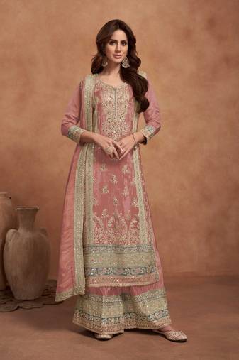 PEACH PARTY DESIGNER PALZZO SALWAR SUIT WITH EMBROIDERY WORK