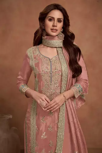 PEACH PARTY DESIGNER PALZZO SALWAR SUIT WITH EMBROIDERY WORK