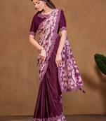 Wine satin crepe silk digital sequence ready to wear saree with stitched blouse