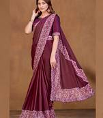 Wine satin crepe silk digital sequence ready to wear saree with stitched blouse
