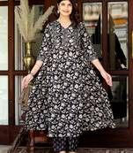Women's black cotton anarkali kurta embroidered neck with palazzo