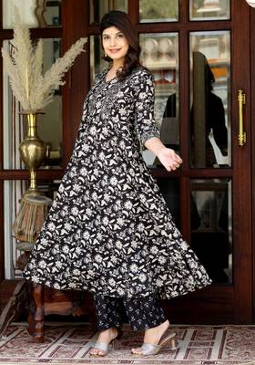 Women's black cotton anarkali kurta embroidered neck with palazzo 2