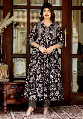 Women's yoke embroidery multi color anarkali kurta and palazzo set 1