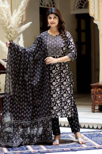 Women's black floral printed kurta palazzo with dupatta set
