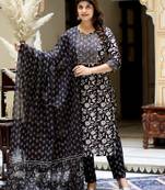 Women's black floral printed kurta palazzo with dupatta set