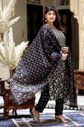 Women's black floral printed kurta palazzo with dupatta set
