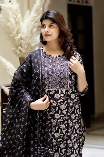 Women's black floral printed kurta palazzo with dupatta set