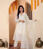 Womens cream colour v neck embroidered chanderi kurta with palazzo and dupatta set