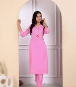 Womens embroidery and lace work pink pakistani kurta with palazzo set