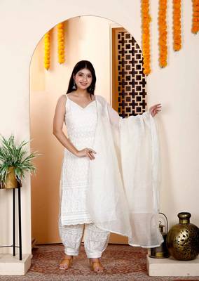 Womens cream chikan embroidered kurti with patiala and dupatta set 1