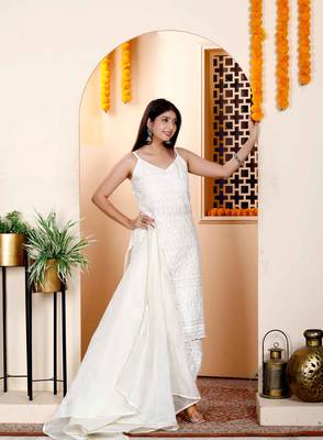 Womens cream chikan embroidered kurti with patiala and dupatta set 2