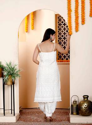 Womens cream chikan embroidered kurti with patiala and dupatta set 4