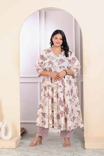 Womens plus size pink floral printed v neck anarkali kurta and palazzo set