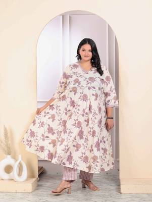 Womens plus size pink floral printed v neck anarkali kurta and palazzo set 2