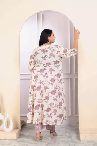 Womens plus size pink floral printed v neck anarkali kurta and palazzo set