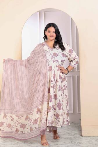 Womens plus size floral pink anarkali kurta with palazzo and dupatta set