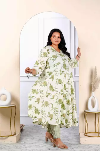 Womens plus size cotton floral print green anarkali kurta and palazzo set
