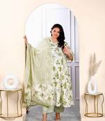 Womens plus size attractive floral print cotton green anarkali kurta palazzo and dupatta set