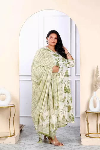 Womens plus size attractive floral print cotton green anarkali kurta palazzo and dupatta set