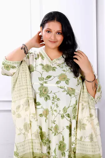 Womens plus size attractive floral print cotton green anarkali kurta palazzo and dupatta set