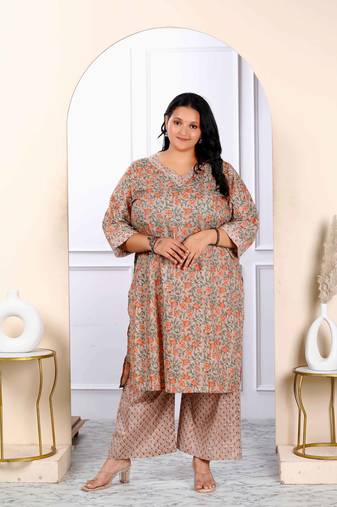 Womens plus size brown floral printed kurta with palazzo