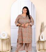 Womens plus size brown floral printed kurta with palazzo