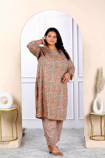 Womens plus size brown floral printed kurta with palazzo