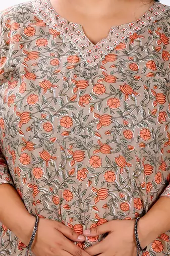 Womens plus size brown floral printed kurta with palazzo