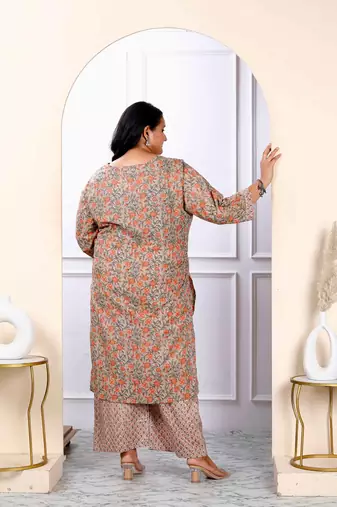 Womens plus size brown floral printed kurta with palazzo