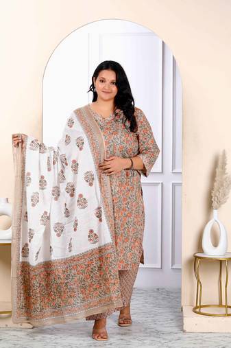 Womens plus size brown printed pure cotton straight kurta and palazzo with dupatta set