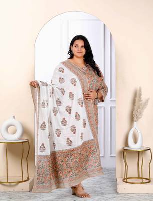 Womens plus size brown printed pure cotton straight kurta and palazzo with dupatta set 2