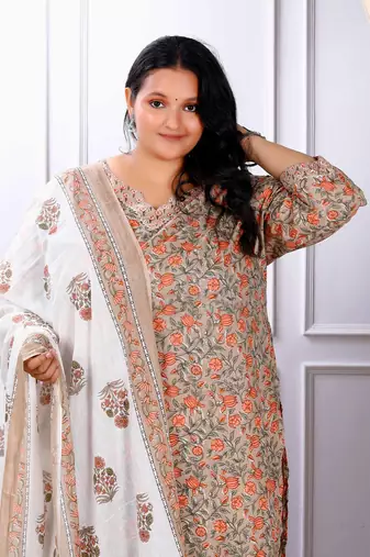 Womens plus size brown printed pure cotton straight kurta and palazzo with dupatta set