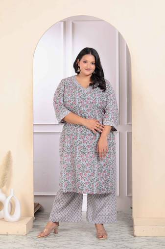 Womens plus size blue cotton office wear floral printed kurta palazzo set  
